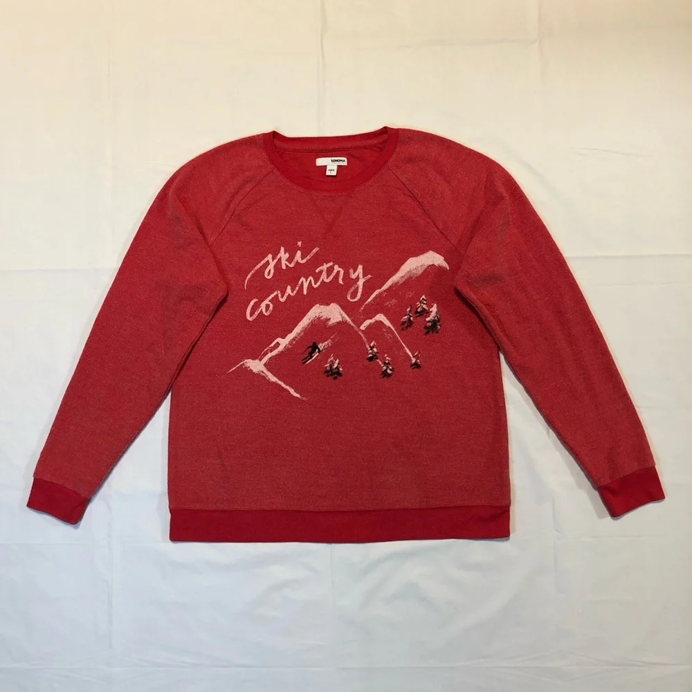 Sonoma Women’s Long Sleeve ski country Pullover Stretch Red Graphic Sweatshirt L
